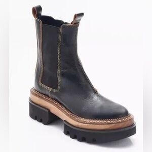 Free People Leather Black and Vance Chealsea Clog Brown Chunky Ankle Boots Sz 38